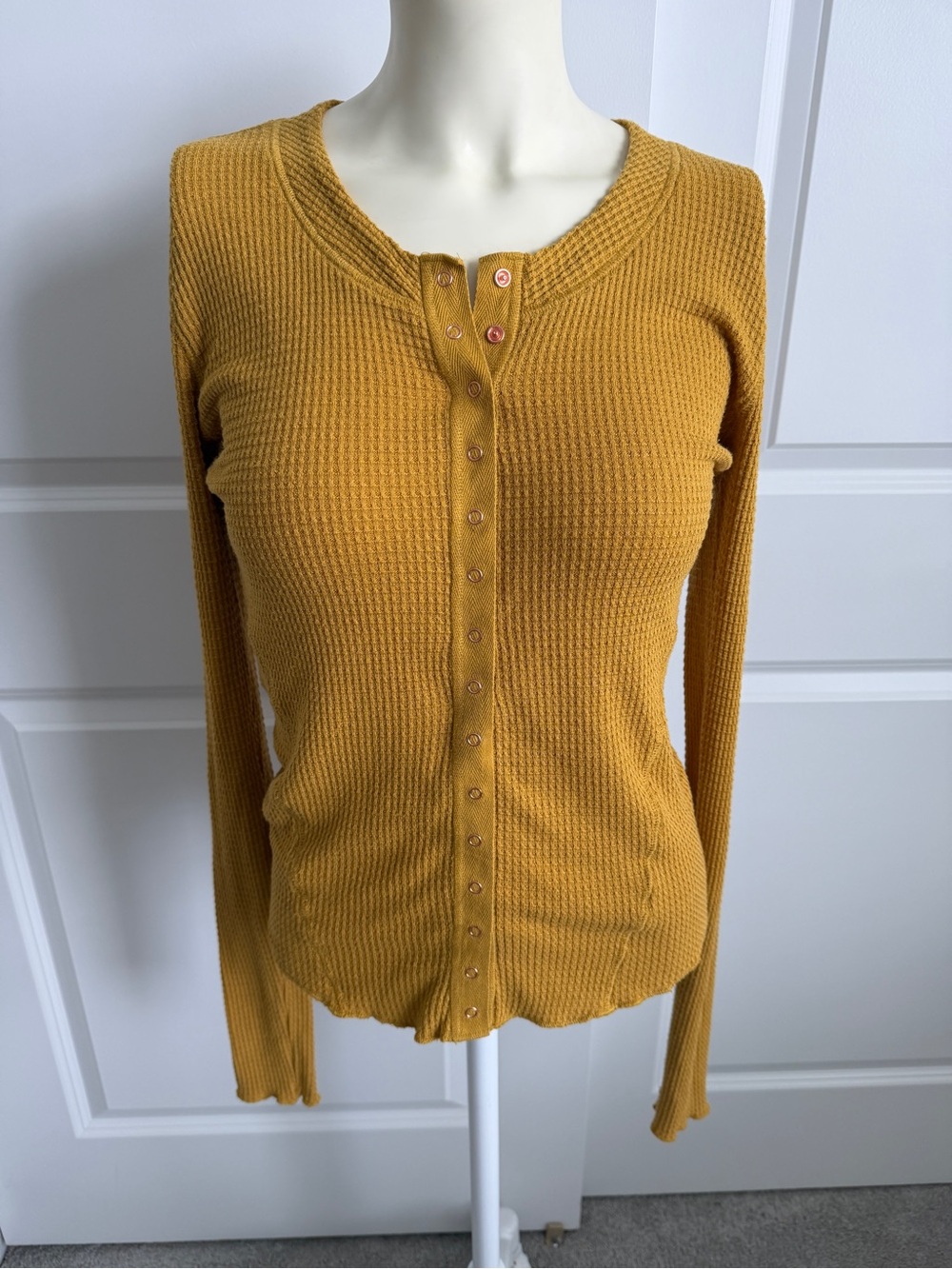 Free People Mustard Yellow Waffle-Knit Long Sleeve Henley